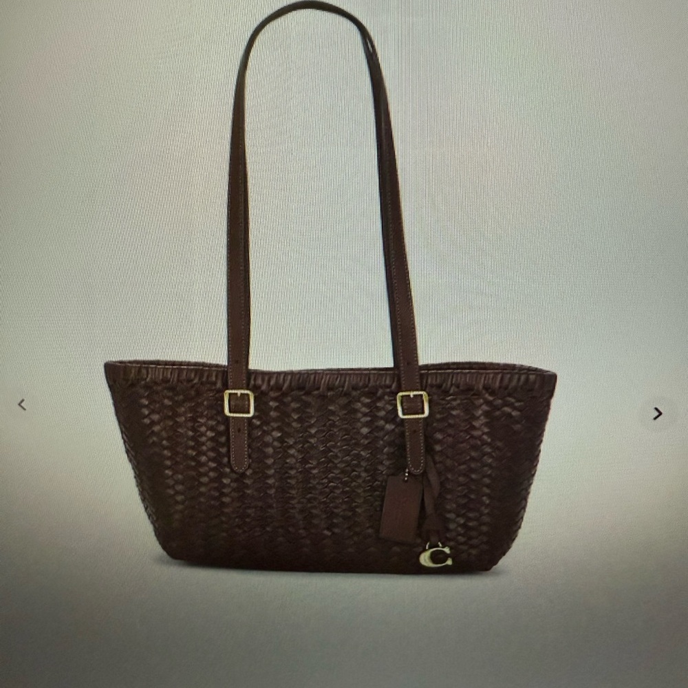 Coach Swing Tote! Woven leather in the color maple with brass hardware!